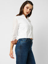 Women Bleach White Lace Three-Quarter Sleeves Shirts