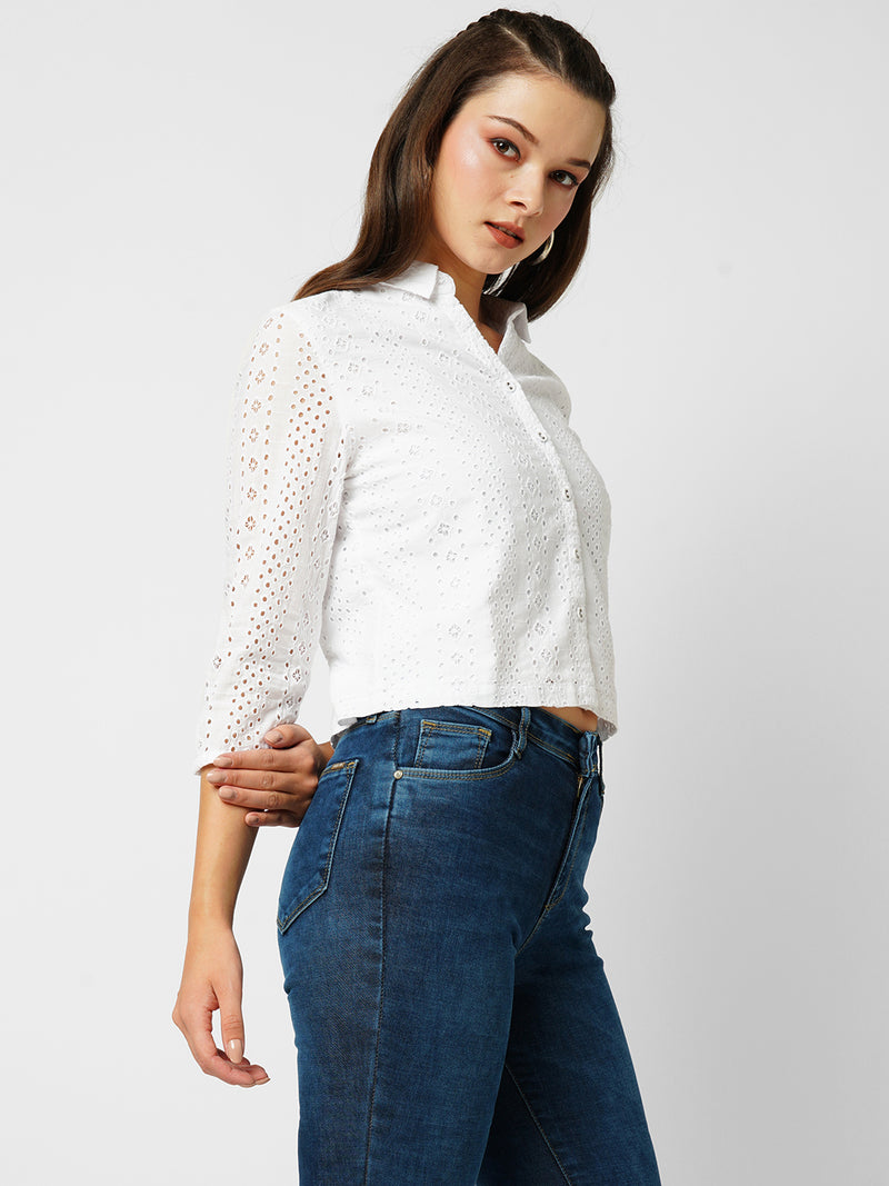 Women Bleach White Lace Three-Quarter Sleeves Shirts