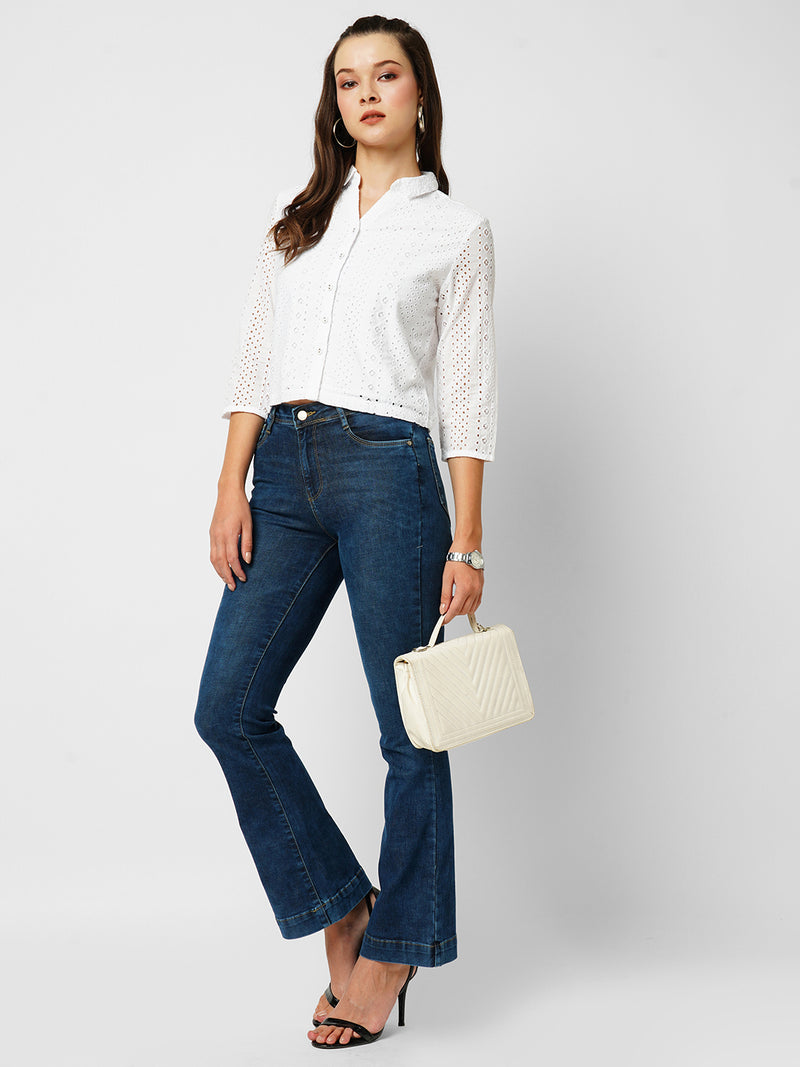 Women Bleach White Lace Three-Quarter Sleeves Shirts