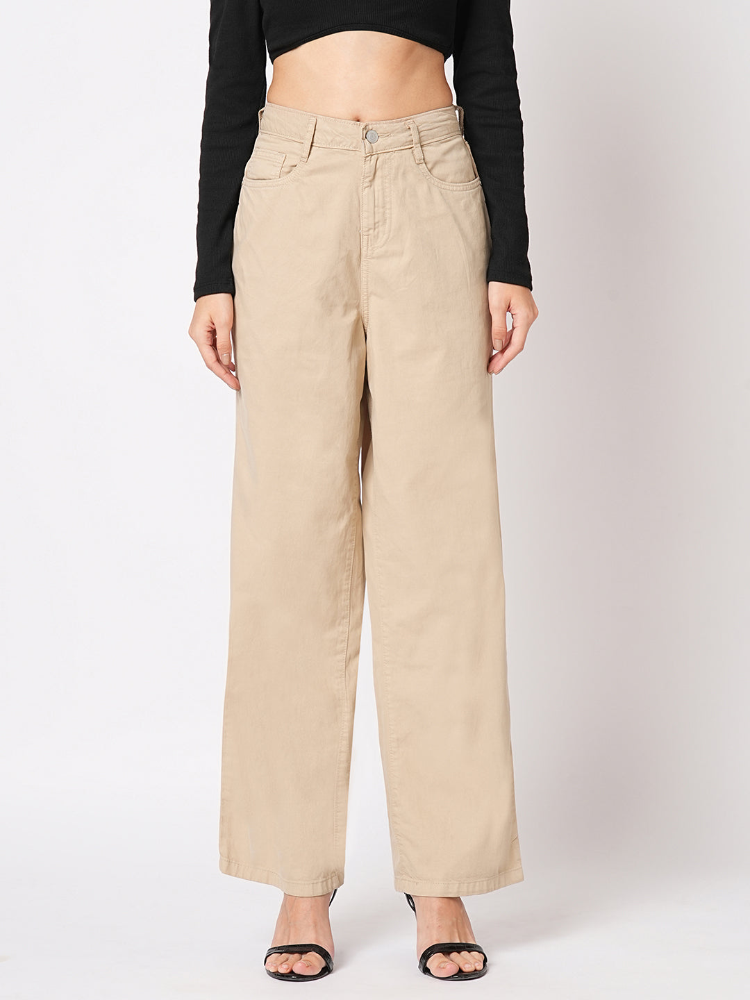 Women Beige High-Rise Wide Leg Jeans