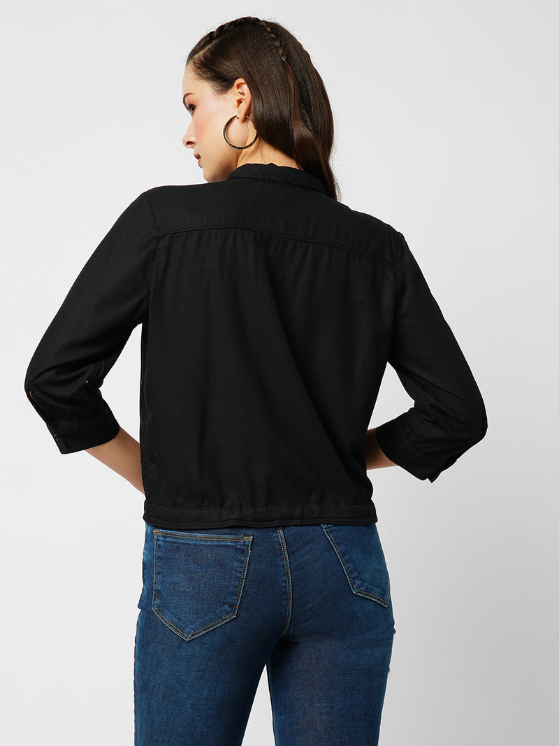 Women Black Solid Three-Quarter Sleeves Shirts