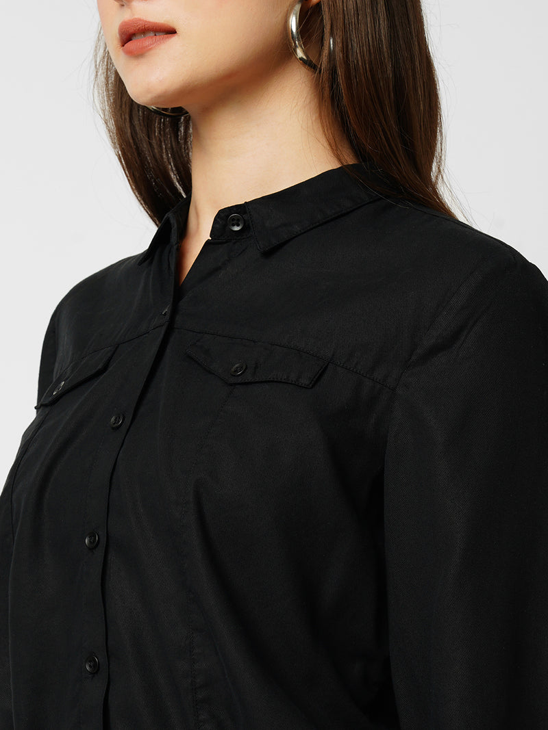 Women Black Solid Three-Quarter Sleeves Shirts