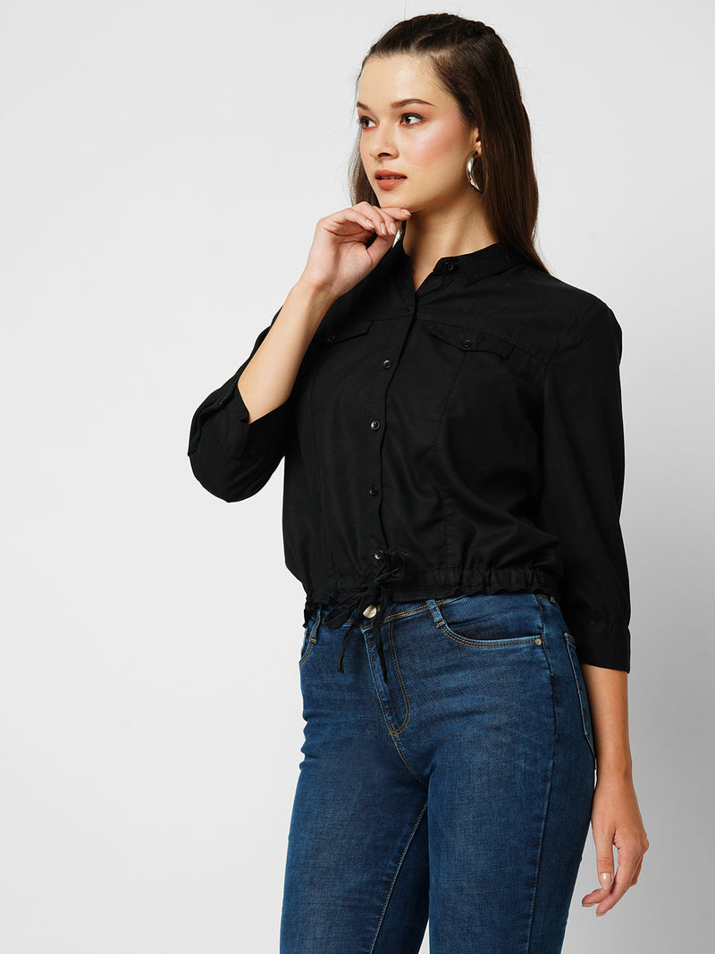Women Black Solid Three-Quarter Sleeves Shirts