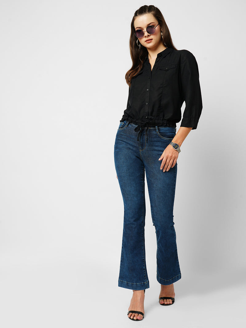 Women Black Solid Three-Quarter Sleeves Shirts