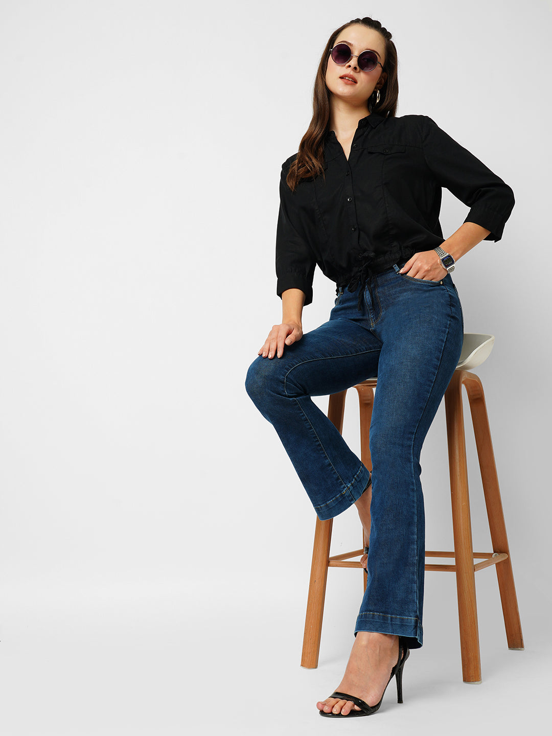 Women Black Crop Shirt