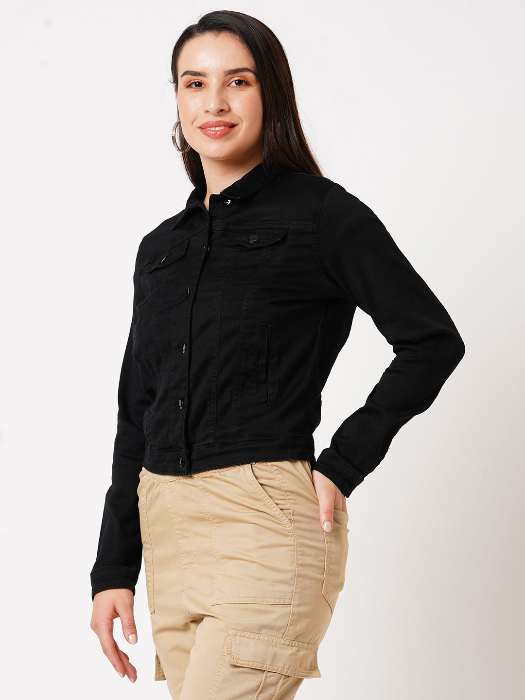 Women Black Solid Long Sleeves Jackets