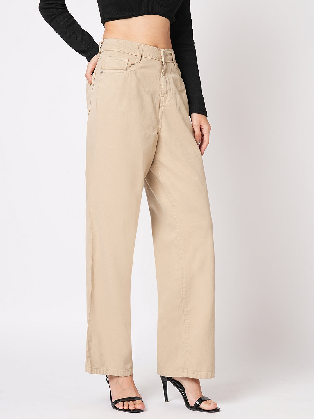 Women Beige High-Rise Wide Leg Jeans