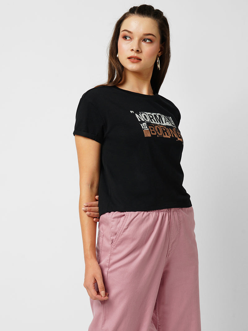 Women Black Printed Short Sleeves T-Shirts
