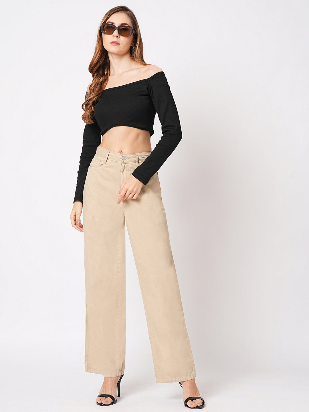 Women Beige High-Rise Wide Leg Jeans