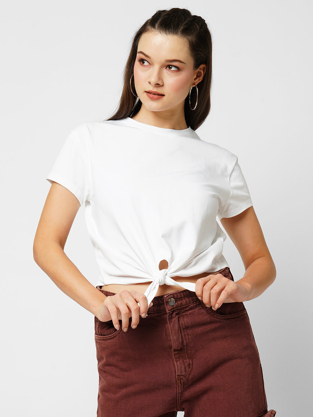 Women Off White Crop Slim Top