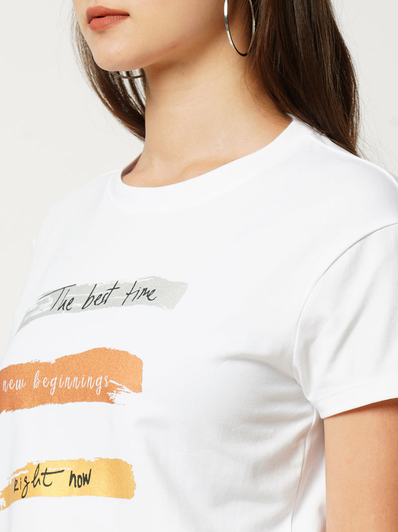 Women Off White Printed Short Sleeves T-Shirts