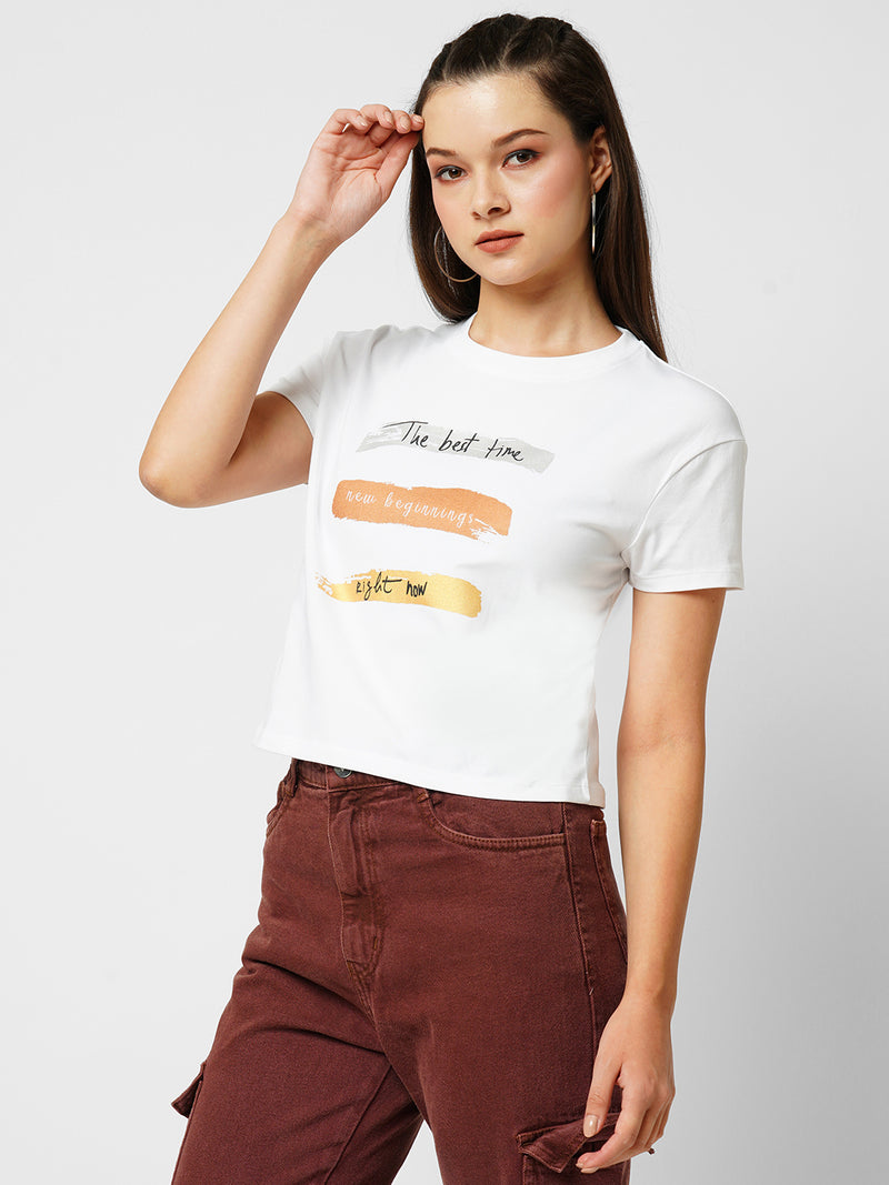 Women Off White Printed Short Sleeves T-Shirts