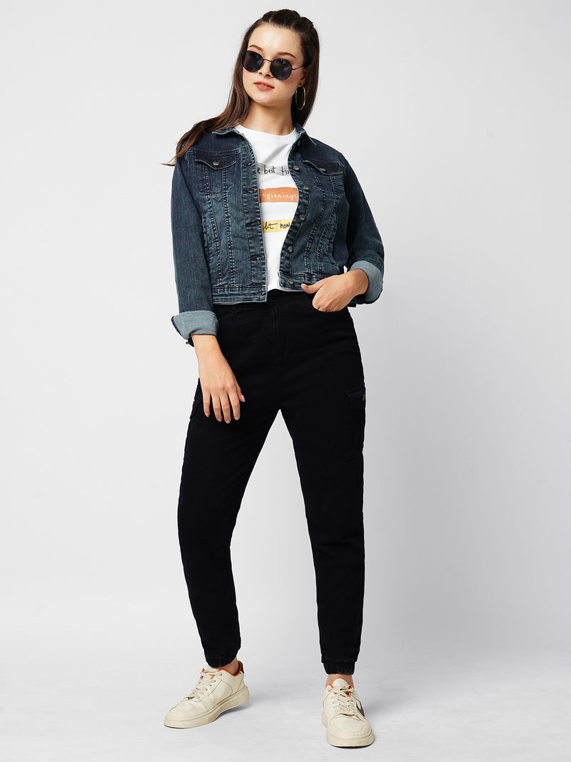 Women Carbon Blue Solid Full Length Jackets & Shrugs