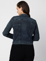 Women Carbon Blue Solid Full Length Jackets & Shrugs