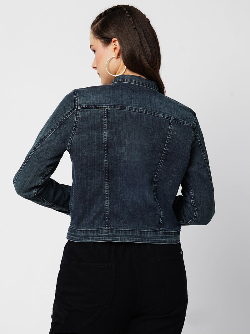 Women Carbon Blue Solid Full Length Jackets & Shrugs