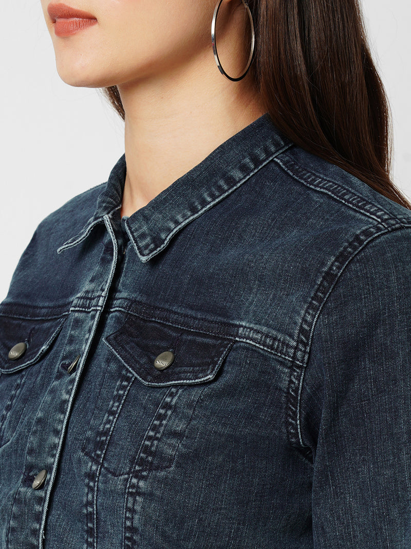 Women Carbon Blue Solid Full Length Jackets & Shrugs