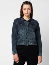 Women Carbon Blue Solid Full Length Jackets & Shrugs