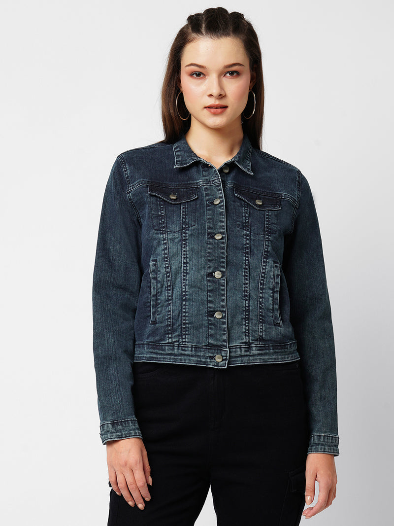 Women Carbon Blue Solid Full Length Jackets & Shrugs