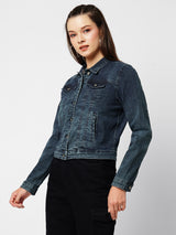 Women Carbon Blue Solid Full Length Jackets & Shrugs