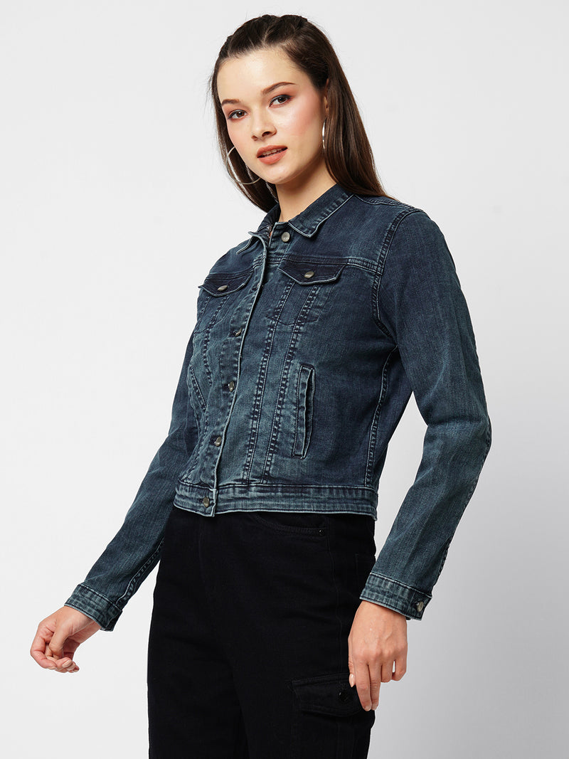 Women Carbon Blue Solid Full Length Jackets & Shrugs