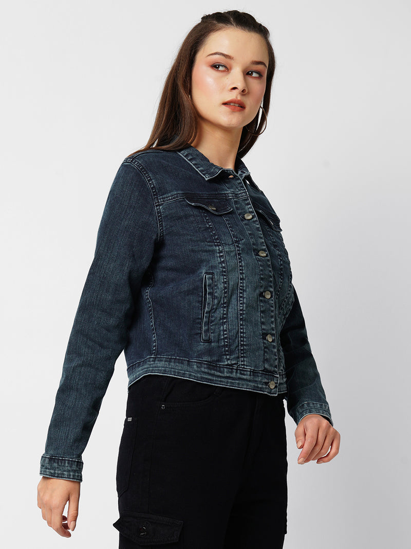 Women Carbon Blue Solid Full Length Jackets & Shrugs