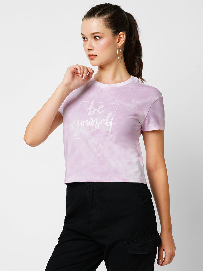 Women Lilac Tie Dyed Printed Short Sleeves T-Shirts