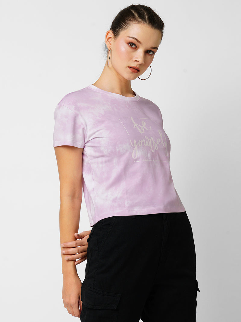 Women Lilac Tie Dyed Printed Short Sleeves T-Shirts