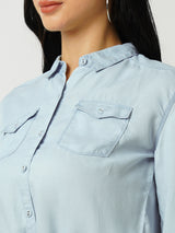 Women Light Blue Solid Three-Quarter Sleeves Shirts