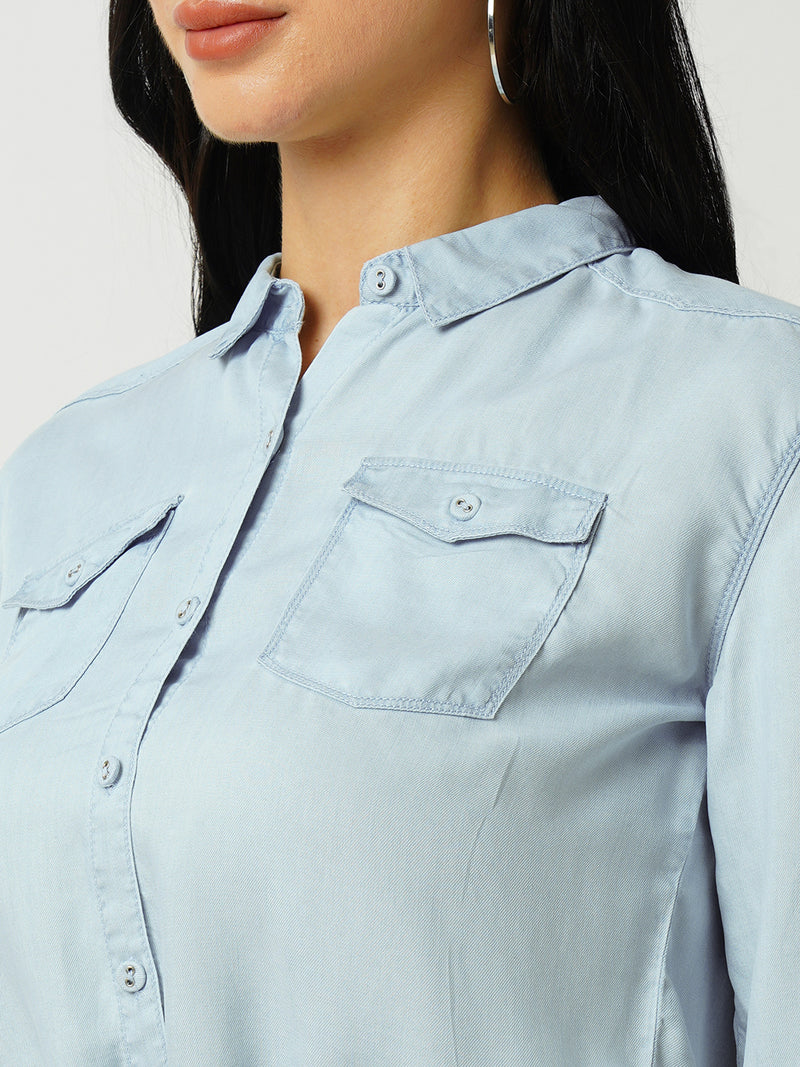 Women Light Blue Solid Three-Quarter Sleeves Shirts