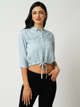 Women Light Blue Solid Three-Quarter Sleeves Shirts