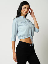 Women Light Blue Solid Three-Quarter Sleeves Shirts