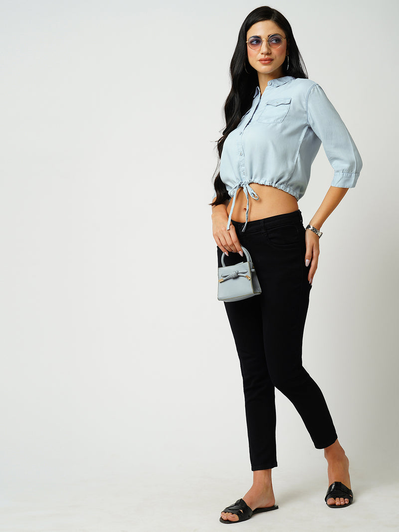Women Light Blue Solid Three-Quarter Sleeves Shirts