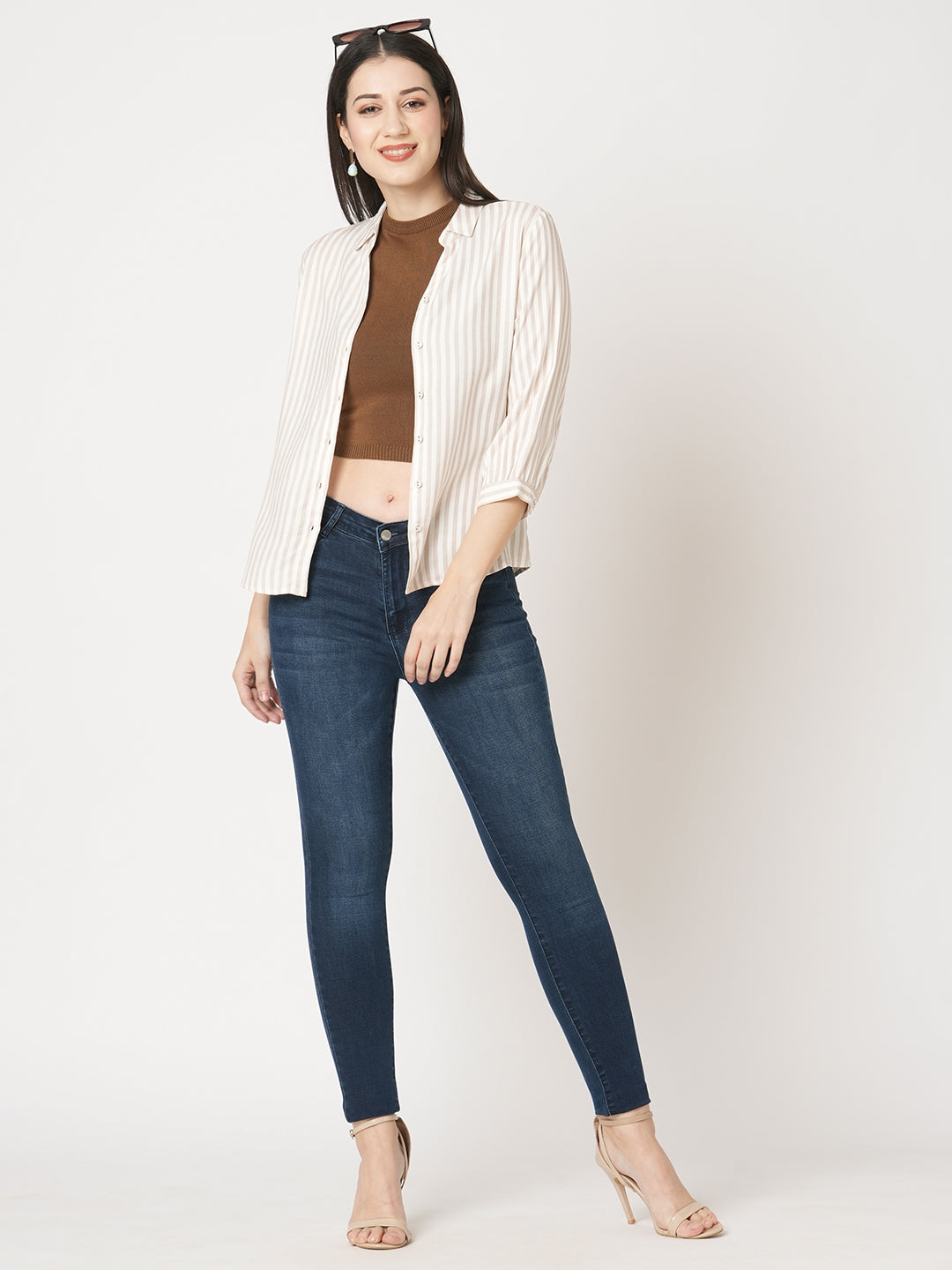 Women Slim Fit Beige-White Stripe Shirt