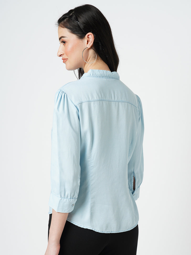 Women Light Blue Solid Three-Quarter Sleeves Shirts