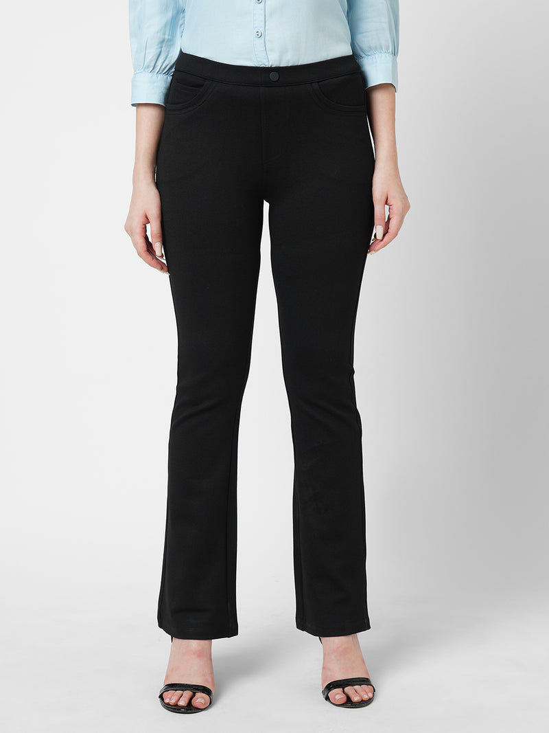 Women Black High Rise Mini Flare Jeans Tregging