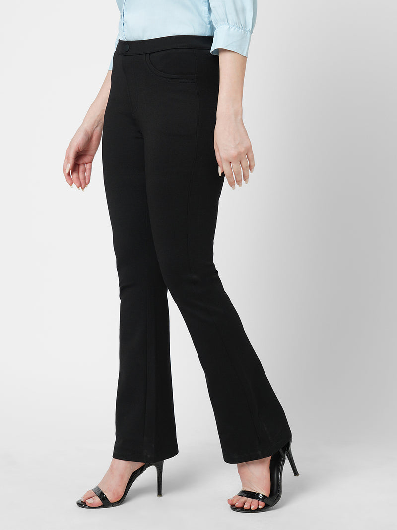Women Black High Rise Mini Flare Jeans Tregging