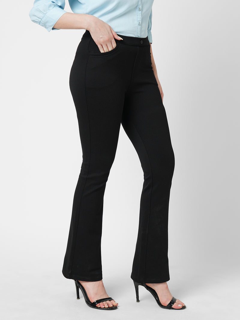 Women Black High Rise Mini Flare Jeans Tregging