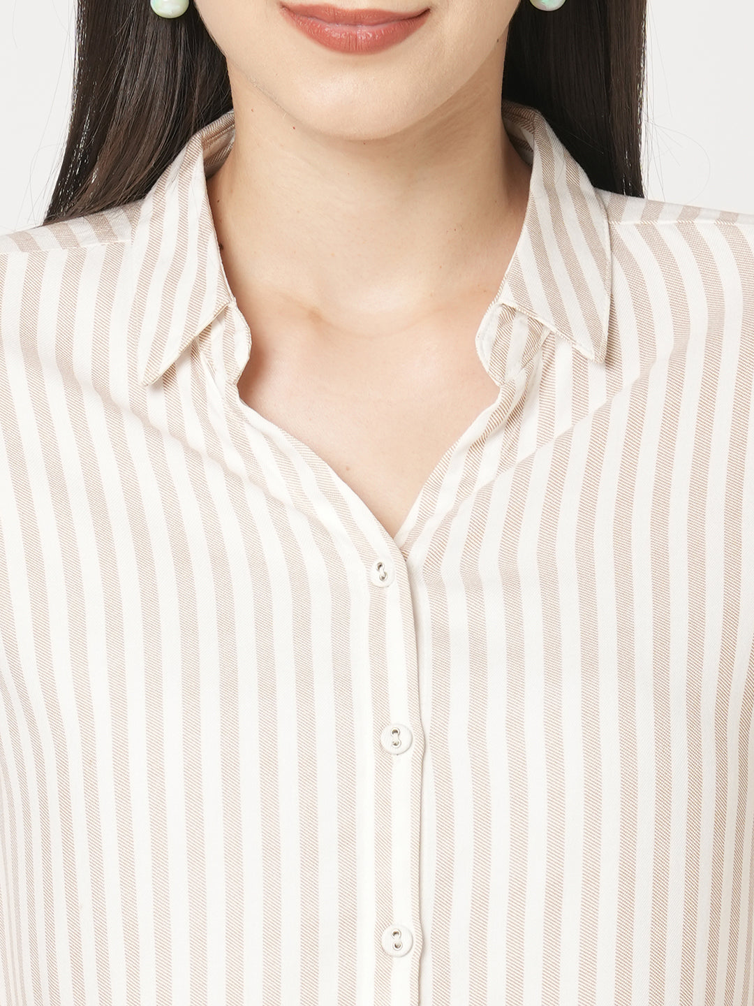 Women Slim Fit Beige-White Stripe Shirt