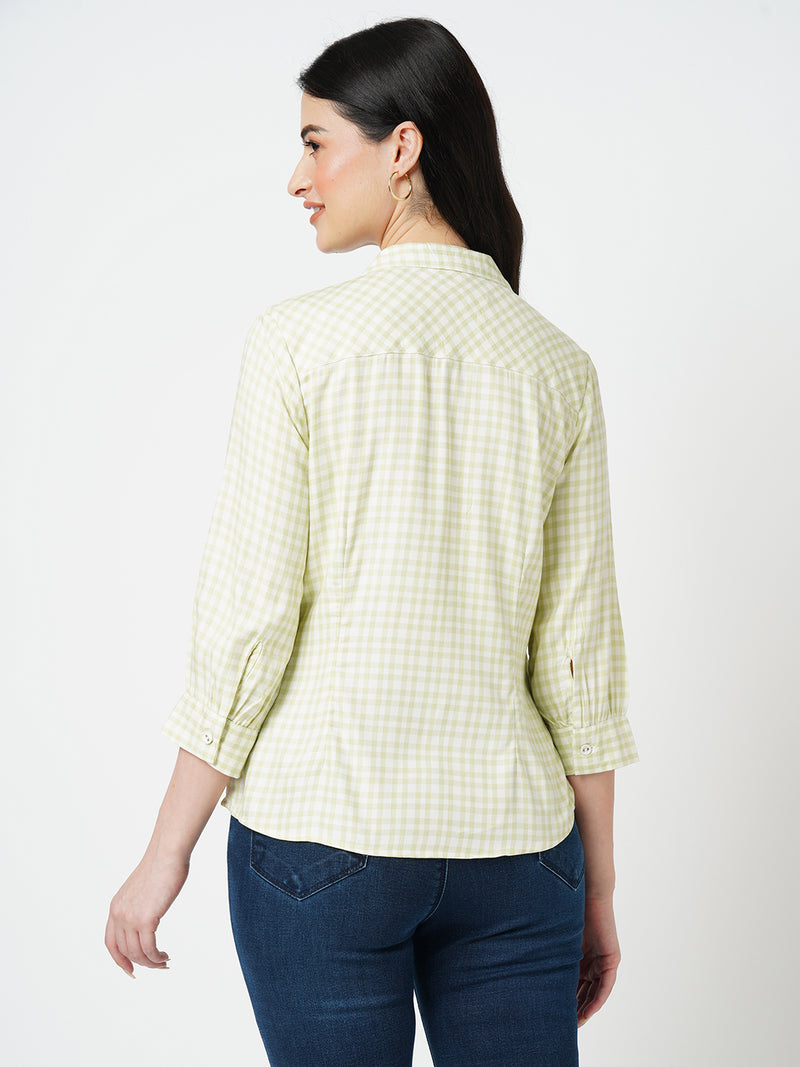 Women Lime/White Checked Three-Quarter Sleeves Shirts