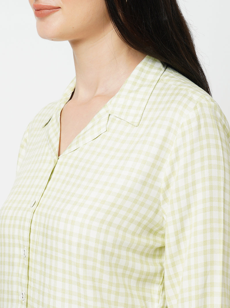 Women Lime/White Checked Three-Quarter Sleeves Shirts