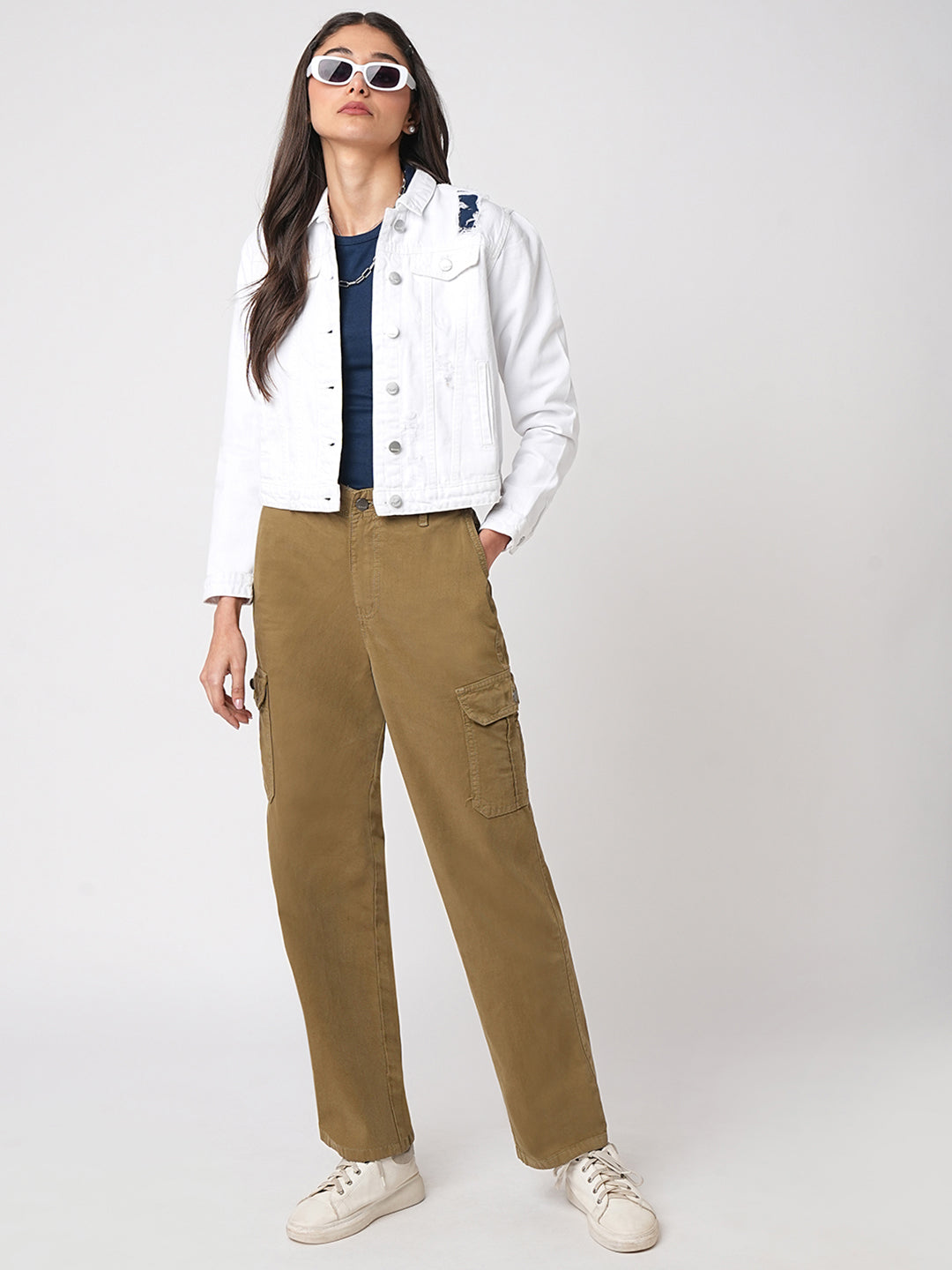 Women White Solid Denim Jacket
