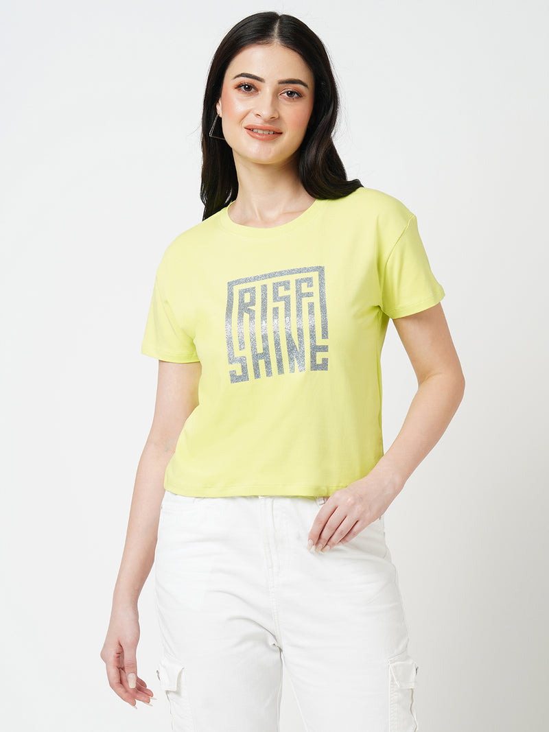 Women Lime Printed Short Sleeves Tshirts