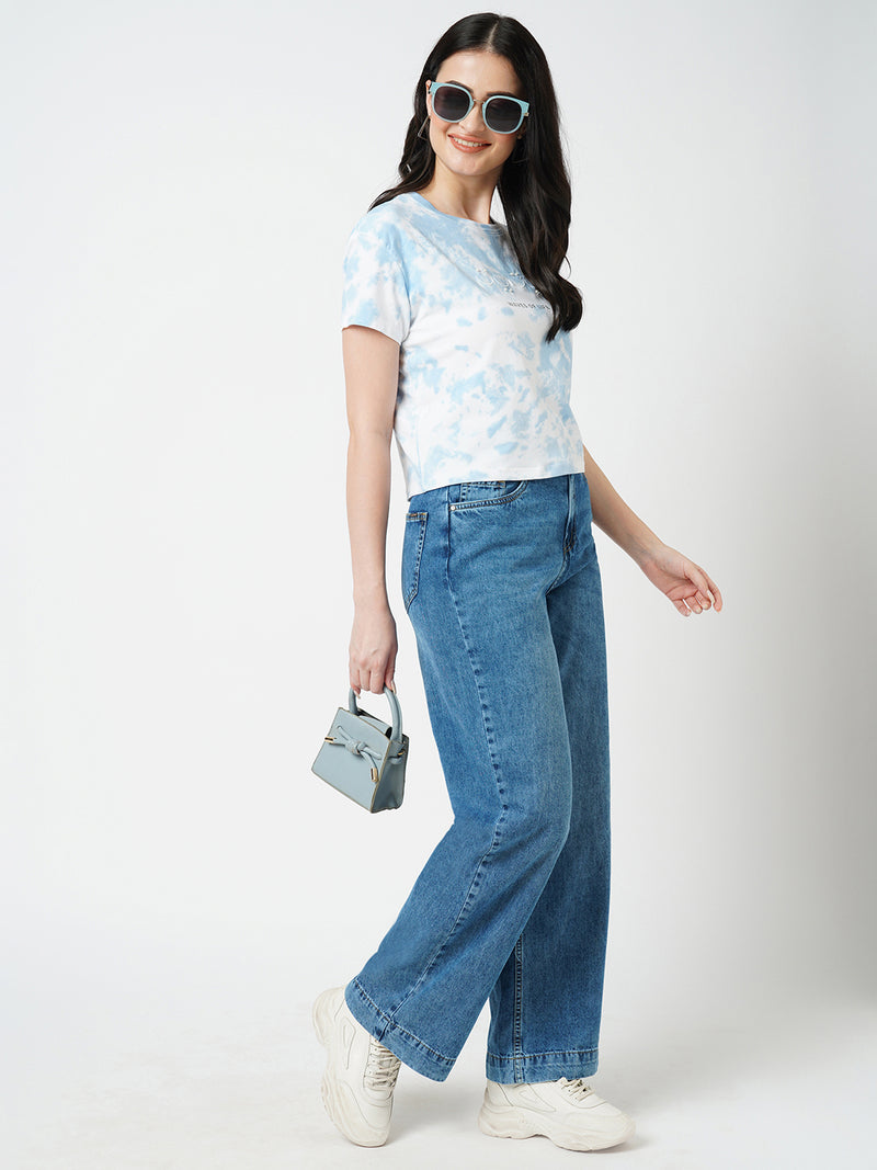 Women Blue K5031 High Rise Wide Leg Jeans
