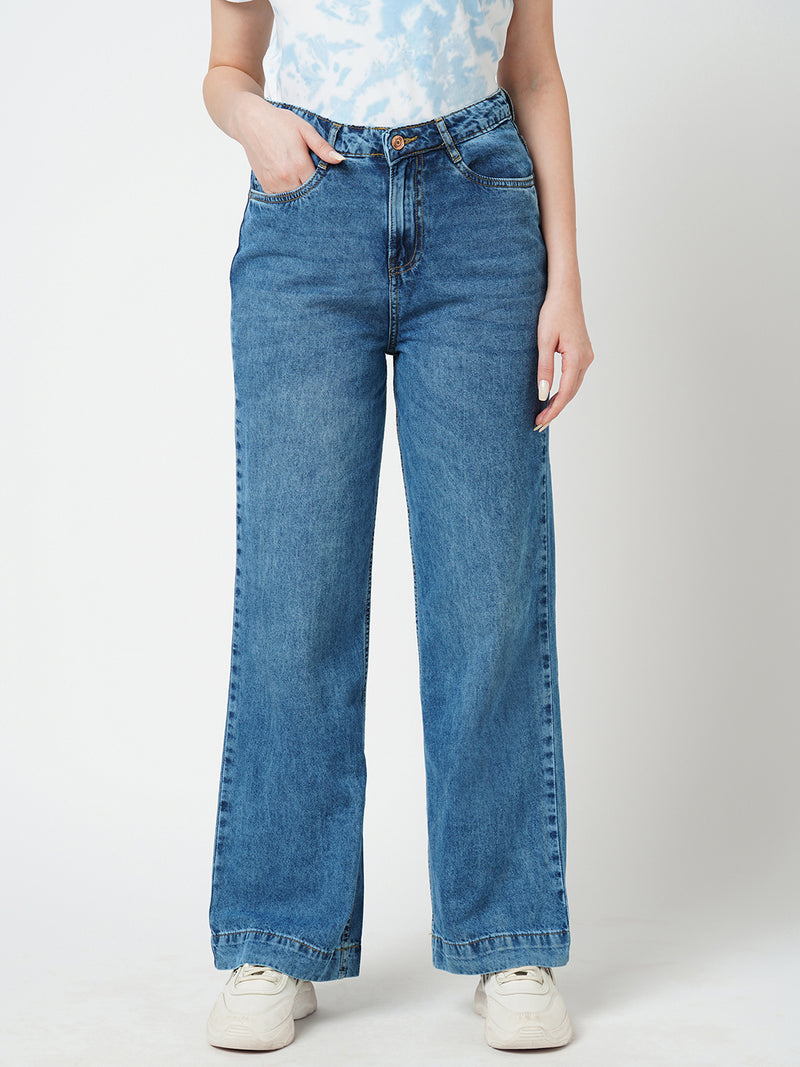 Women Blue K5031 High Rise Wide Leg Jeans
