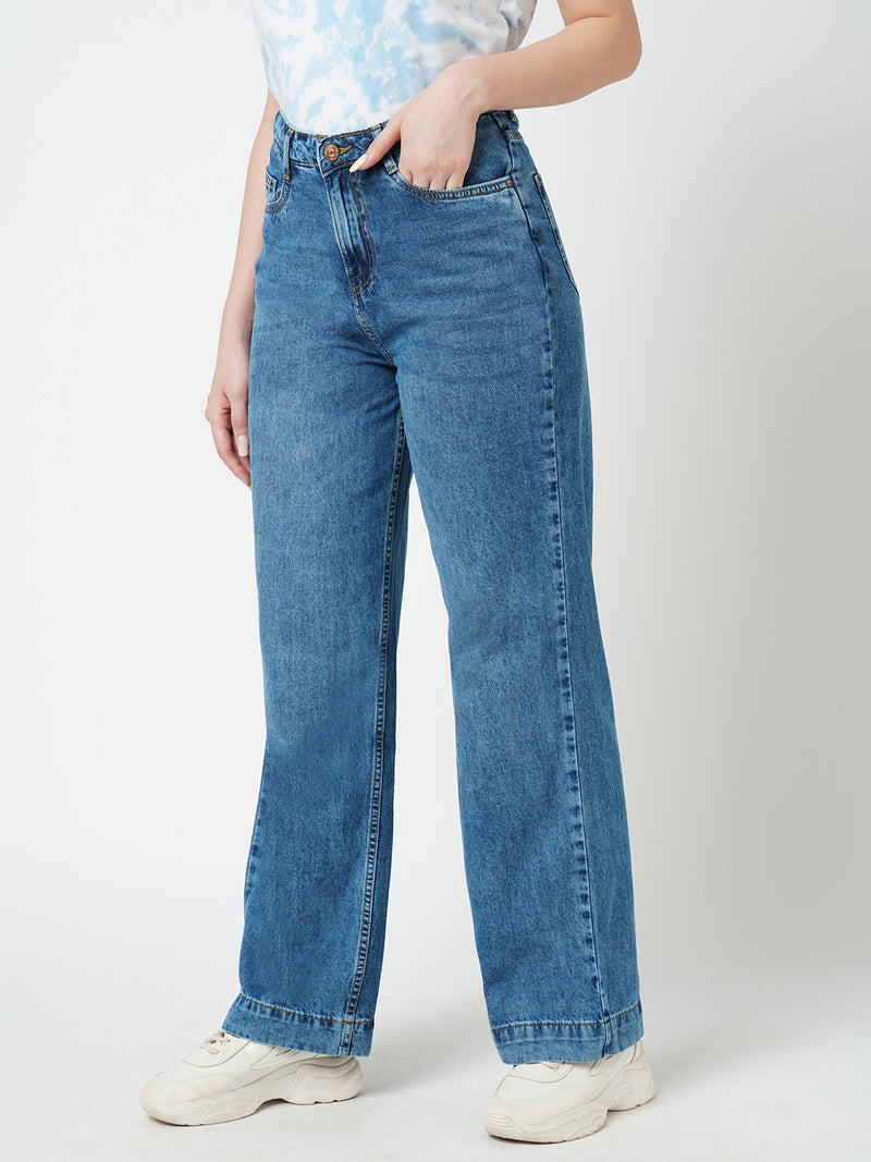 Women Blue K5031 High Rise Wide Leg Jeans