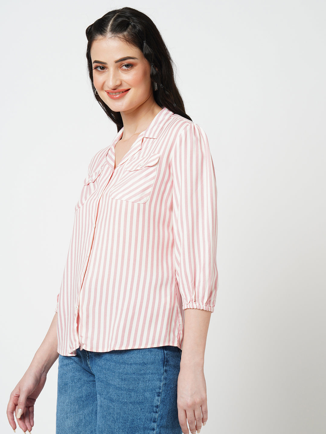 Women Peach /White Striped Three-Quarter Sleeves Shirts