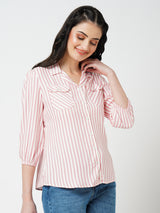 Women Peach /White Striped Three-Quarter Sleeves Shirts