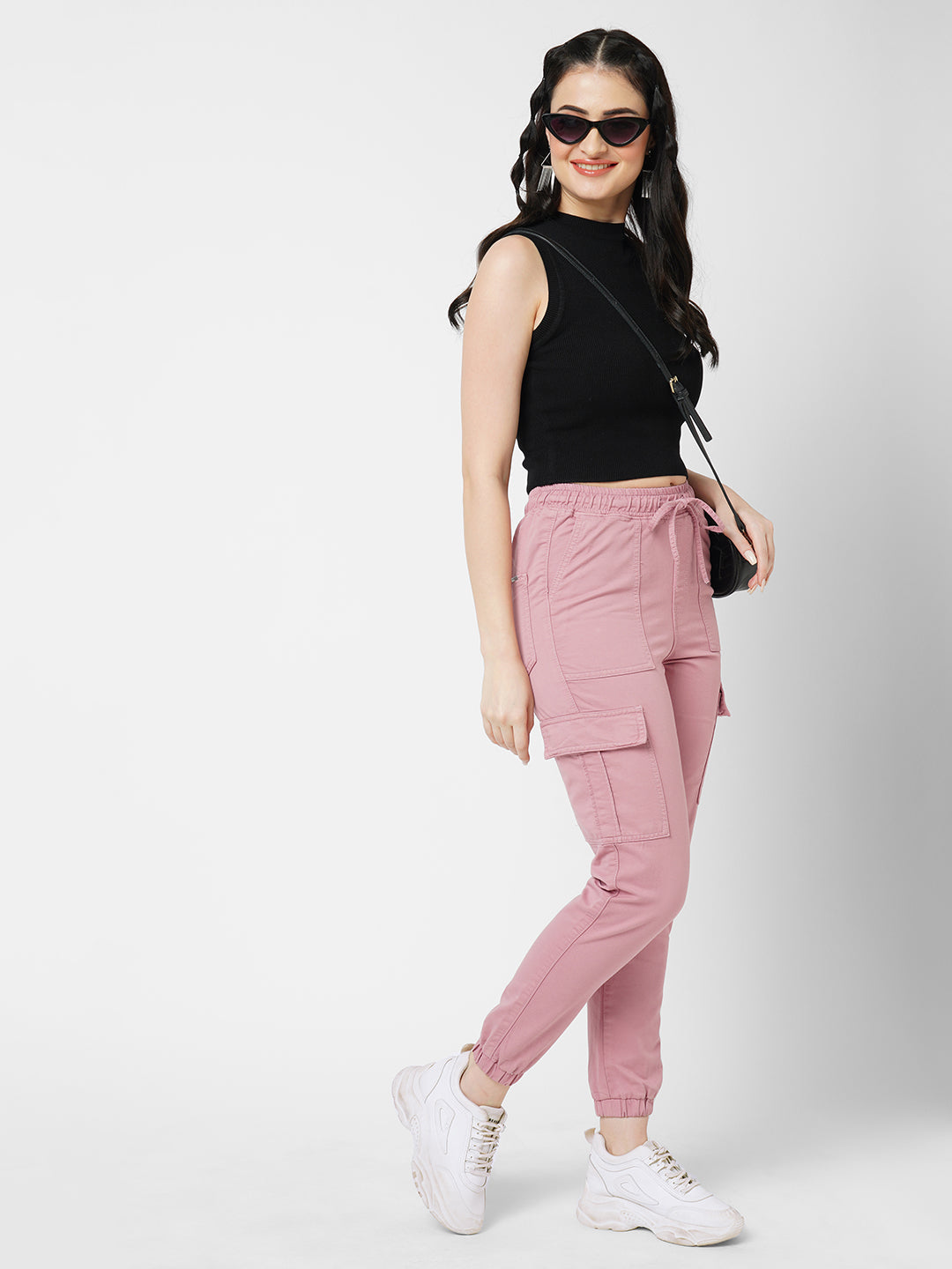 Women Dusty Pink High-Rise Denim Joggers