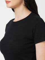Women Black Solid Short Sleeves Tshirts