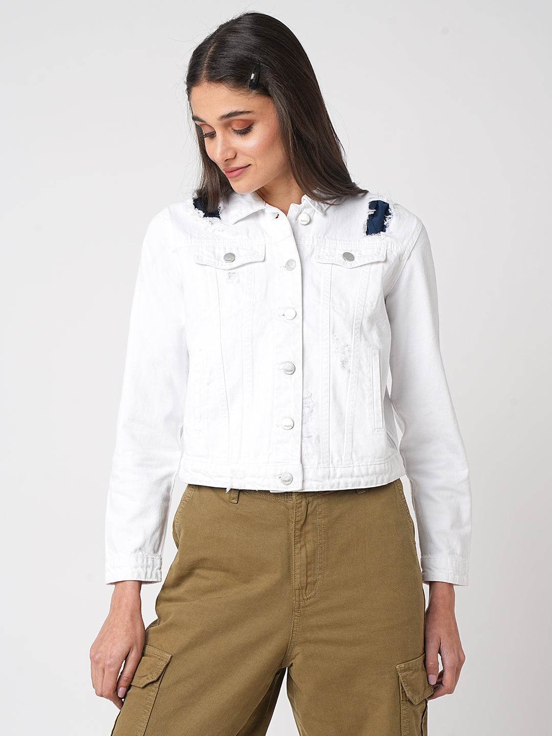 Women White Solid Denim Jacket